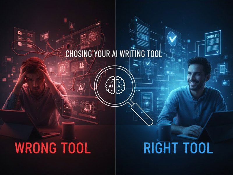 A split image showing the contrast between a frustrated freelancer struggling with a "Wrong Tool" (red side) and a happy, productive freelancer using the "Right Tool" (blue side), with a magnifying glass over AI brains in the center.
