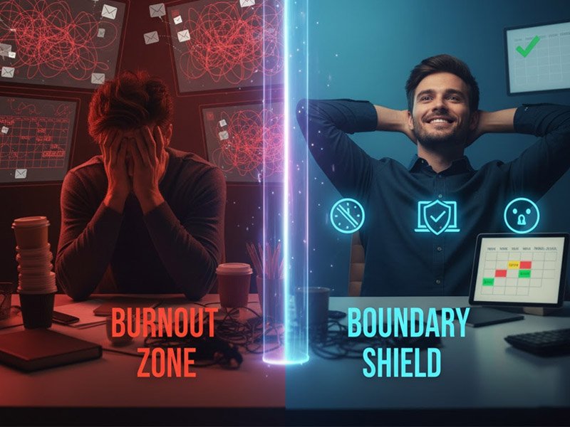 A split image illustrating freelance burnout (red side, stressed person, messy screens) versus healthy boundaries (blue side, relaxed person, organized icons), separated by a glowing "Boundary Shield." The title "3 Boundaries to Beat Freelance Burnout" is at the top.