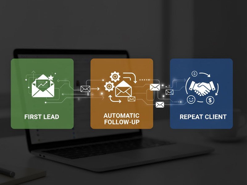 A diagram on a laptop screen illustrating a simple email system flow: "First Lead" (green box) connecting to "Automatic Follow-Up" (orange box), which then leads to "Repeat Client" (blue box), all with a darker, professional aesthetic.