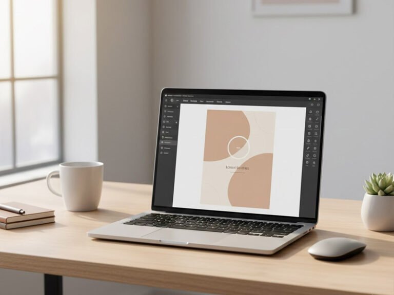 A clean, modern workspace with a laptop displaying a simple, professional graphic being created in a design editor, illustrating beginner-friendly visual content creation and freelancer productivity.