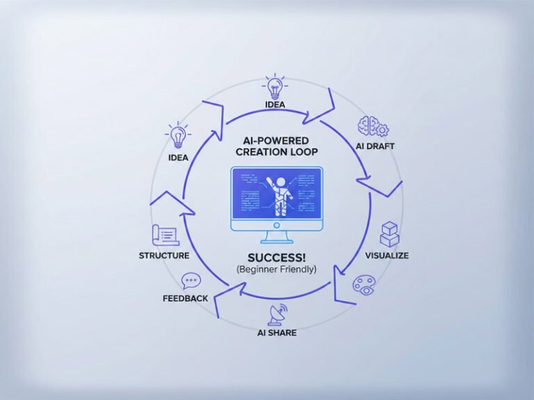 Diagram illustrating the 6-step simple AI workflow for beginners: Idea, Draft, Structure, Visual, Share, Repeat.