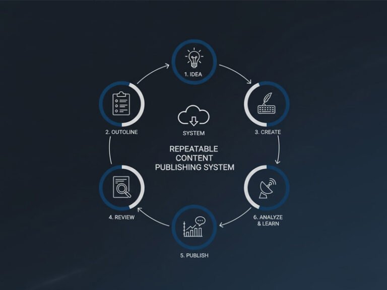 Diagram showing the six steps of the simple content publishing system: Store, Outline, Draft, Refine, Visual, Publish.