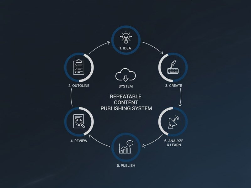 Diagram showing the six steps of the simple content publishing system: Store, Outline, Draft, Refine, Visual, Publish.